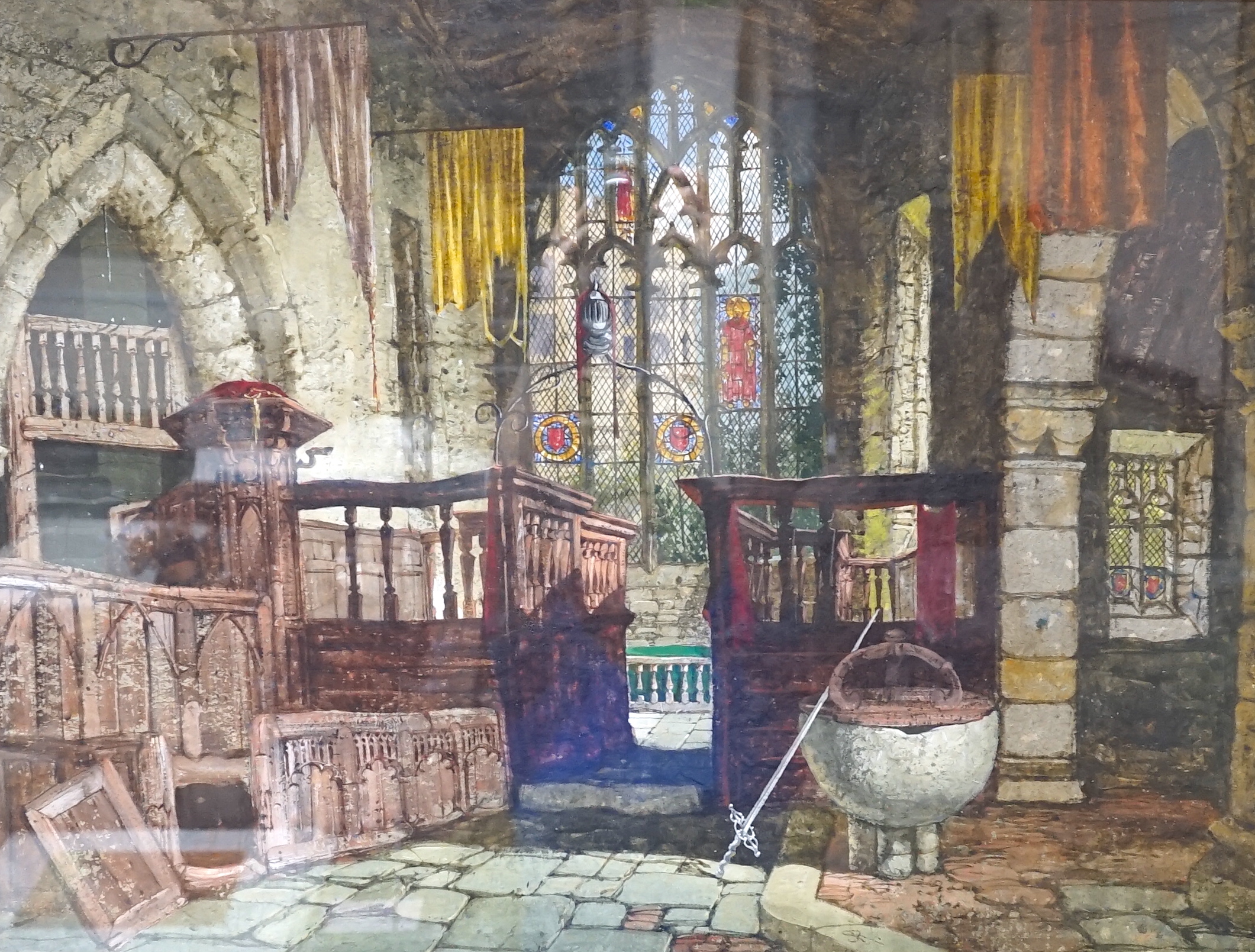 Samuel Rayner (1806-1879), watercolour, 'Chapel interior at Haddon Hall', monogrammed, 55 x74cm